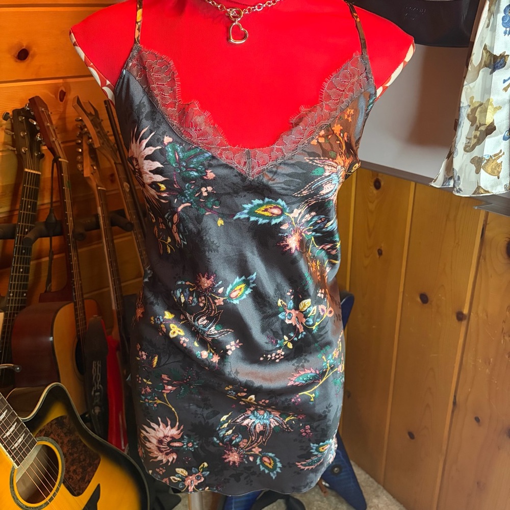 Victoria's Secret Women's Gray Floral Satin Slip Dress With Lace Trim Sz Large